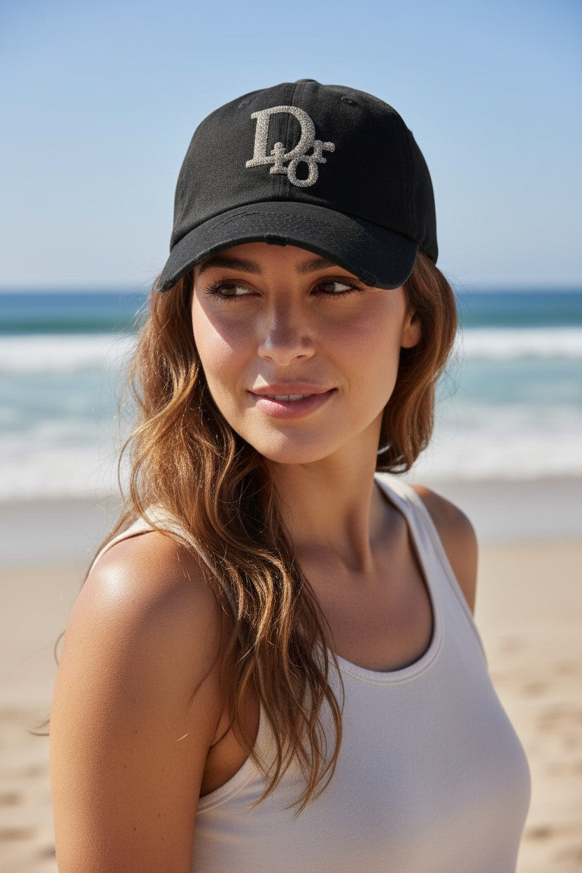 Black Rhinestone Script Hat