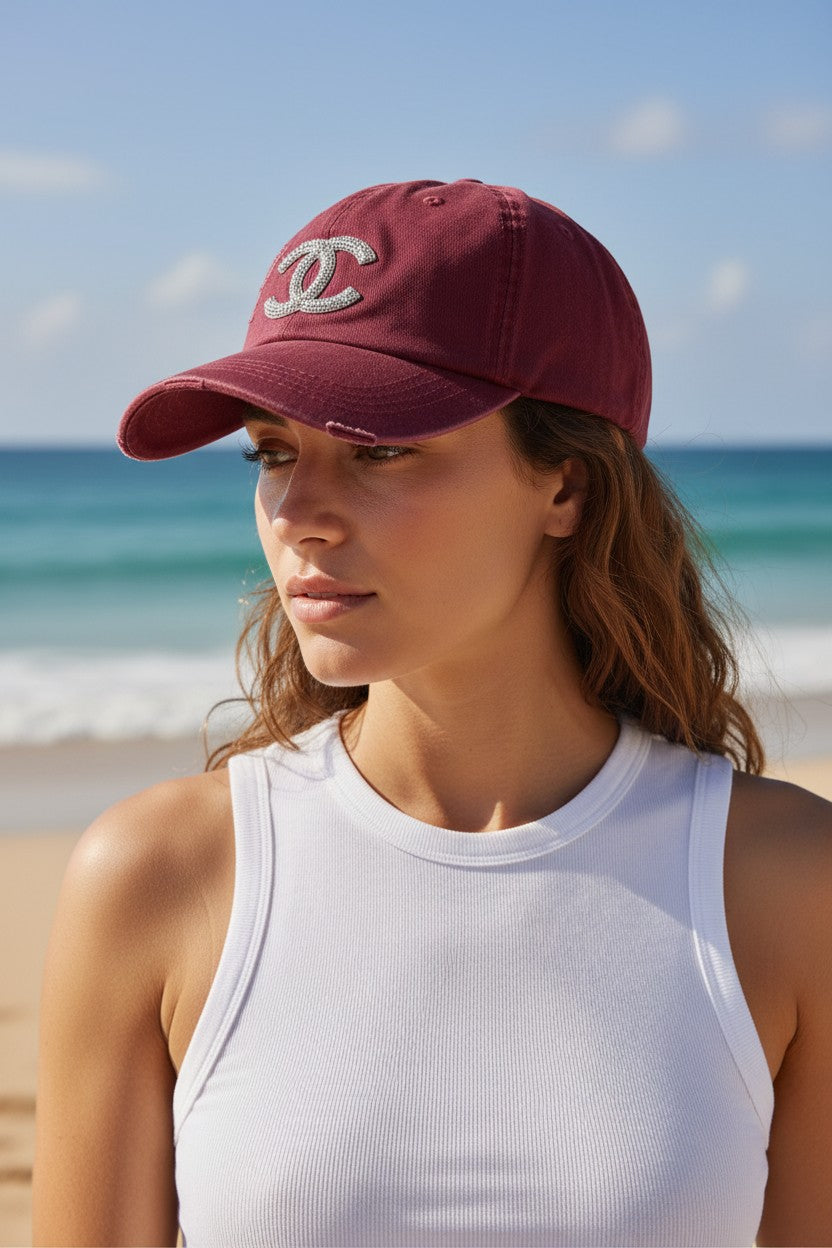Burgundy Clear AB Rhinestone Icon Distressed Ponytail Hat