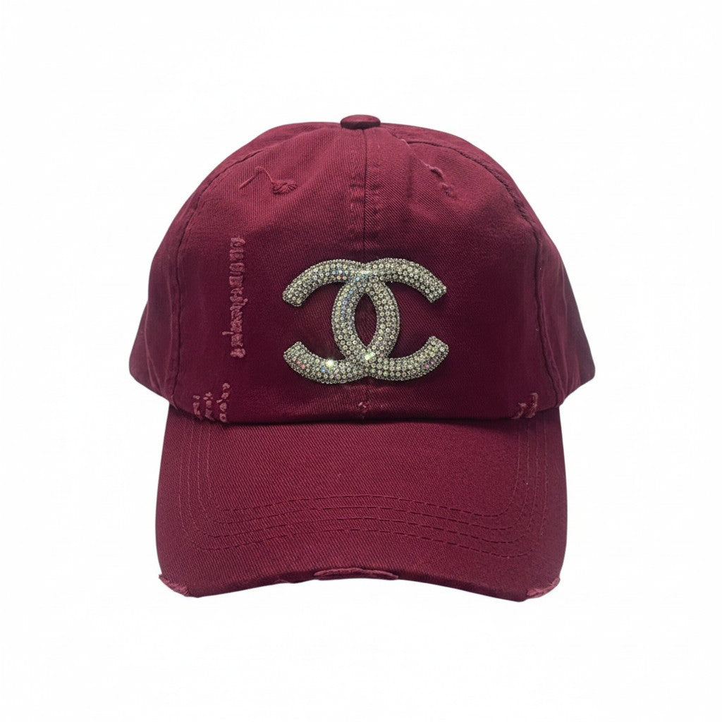 Burgundy Clear AB Rhinestone Icon Distressed Ponytail Hat