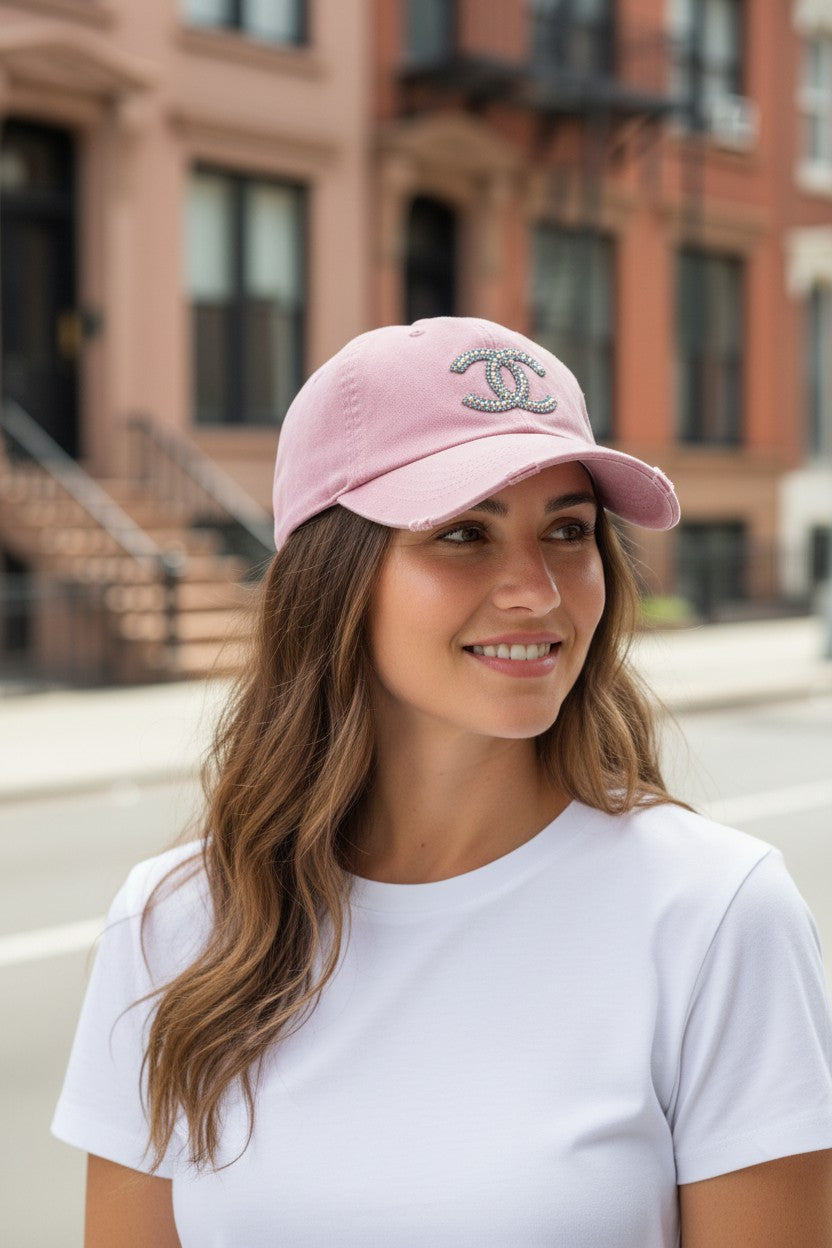 Pink Clear AB Rhinestone Icon Distressed Ponytail Hat