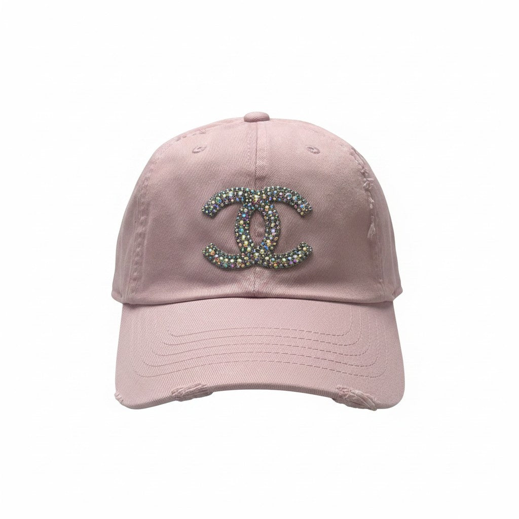 Pink Clear AB Rhinestone Icon Distressed Ponytail Hat