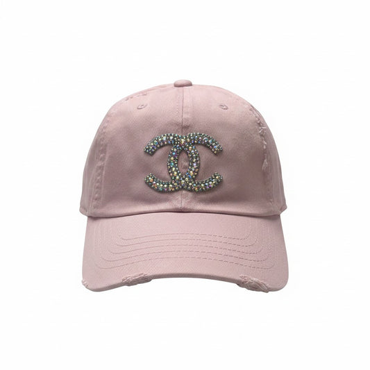 Pink Clear AB Rhinestone Icon Distressed Ponytail Hat