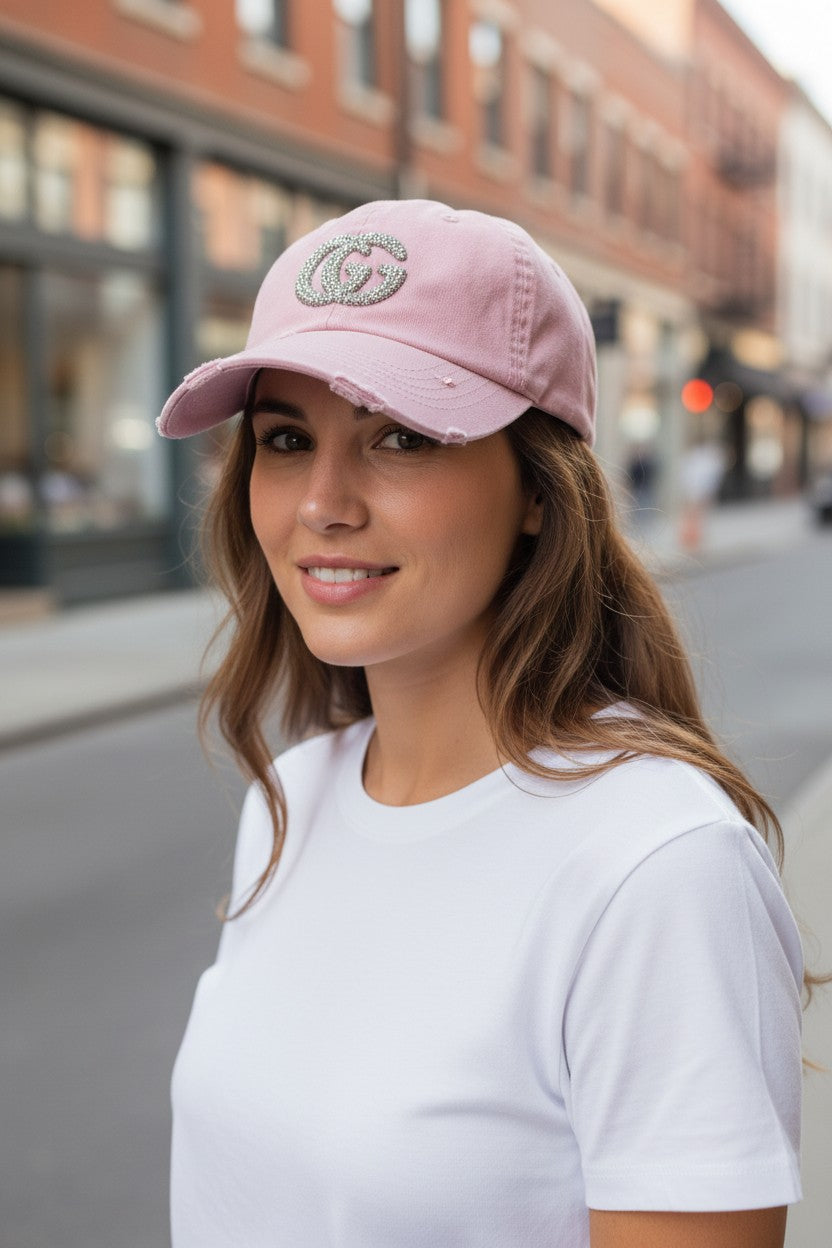 Pink AB Rhinestone Ponytail Hat