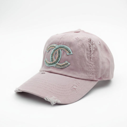 Pink Distressed Ponytail Hat with Beaded Rhinestone Icon Emblem