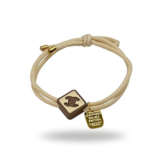 Tan Ponytail Holder with Cream and Brown Design