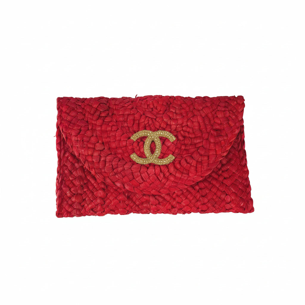 Red & Gold Rhinestone Straw Clutch