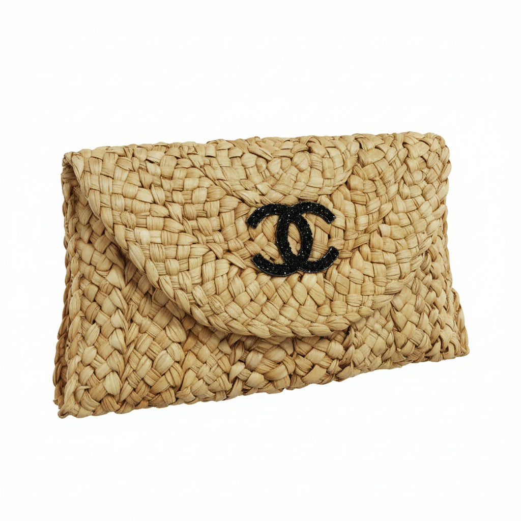 Tan & Black Rhinestone Straw Clutch