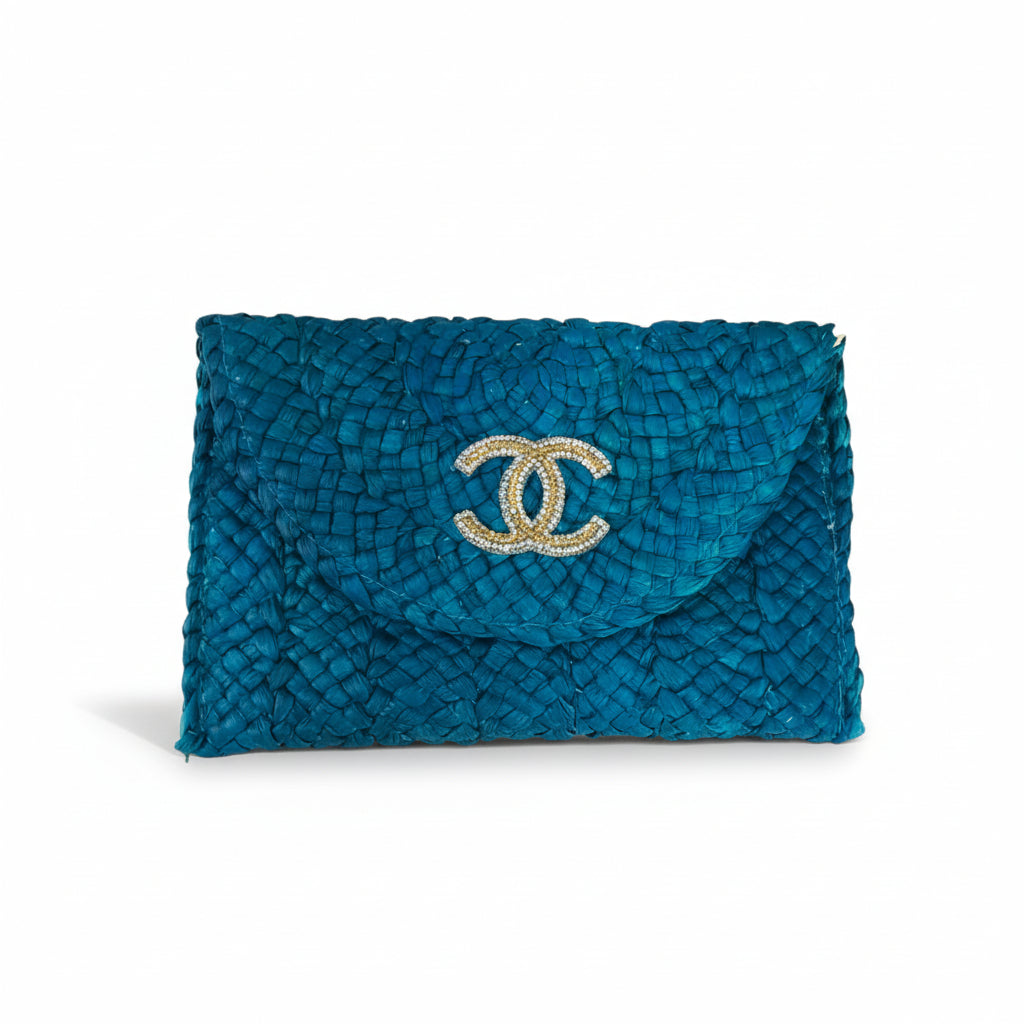 Blue Woven Clutch with Rhinestone CC Emblem
