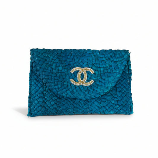 Blue Woven Clutch with Rhinestone CC Emblem