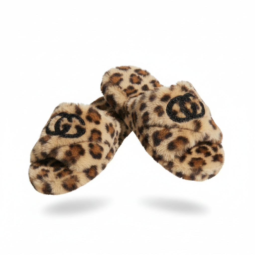 Leopard Faux Fur Bling Slippers