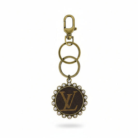 Large Antique Bronze Rhinestone Medallion Keychain