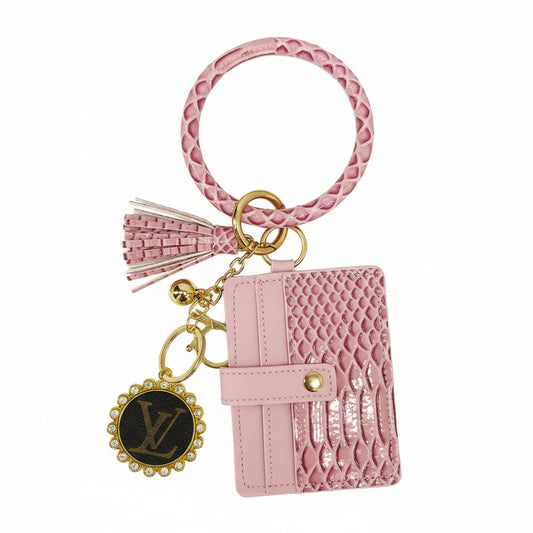 Pink Snakeskin Cardholder Wristlet Keychain with Medallion Charm