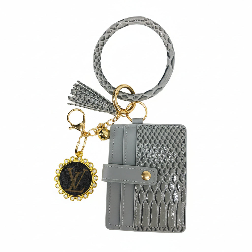 Grey Snakeskin Cardholder Wristlet Keychain with Medallion Charm