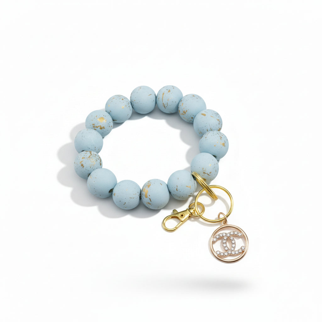 Turquoise & Gold Beaded Keychain with Rhinestone Charm