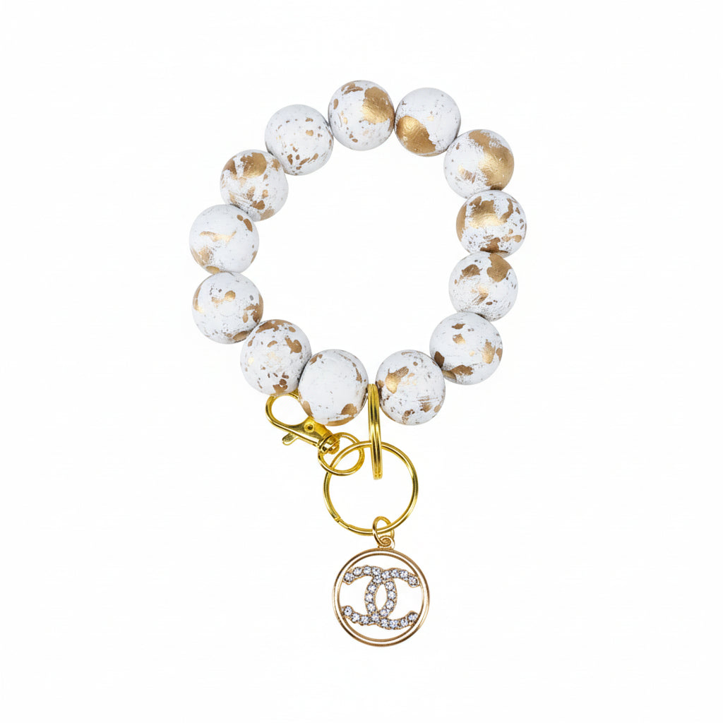 White & Gold Beaded Keychain with Rhinestone Charm