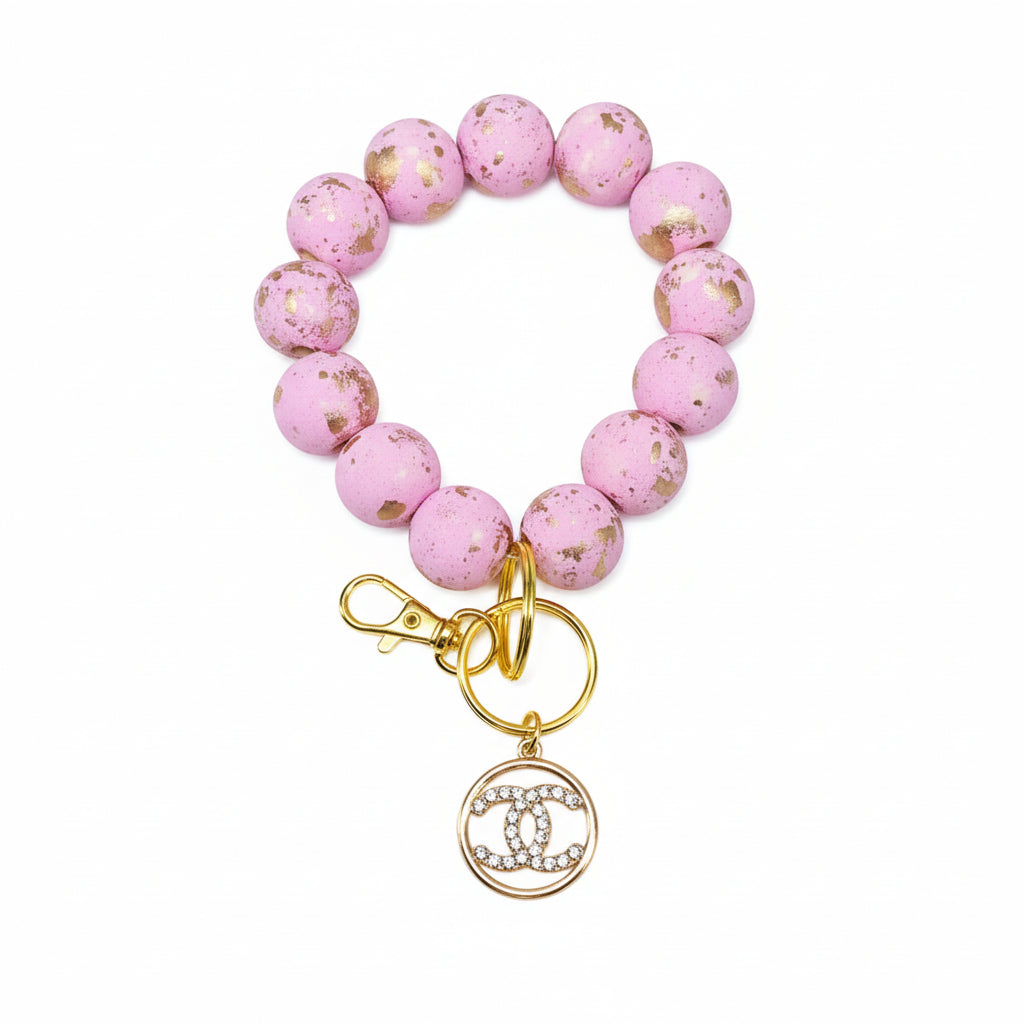 Pink & Gold Beaded Keychain with Rhinestone Charm