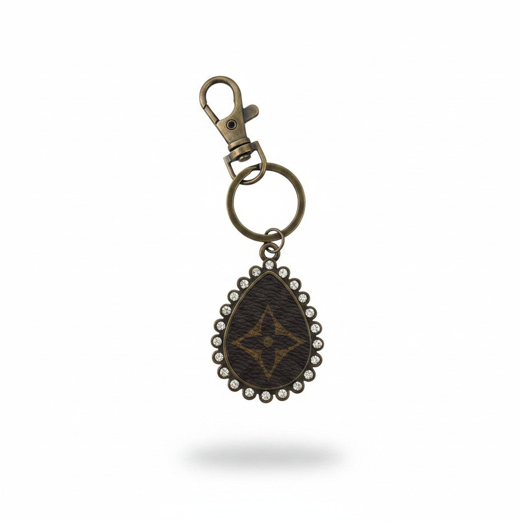 Antique Bronze Rhinestone Teardrop Signature Keychain