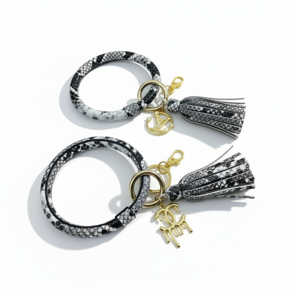 Snakeskin Print Bangle Wristlet Keychain with Tassel & Charm