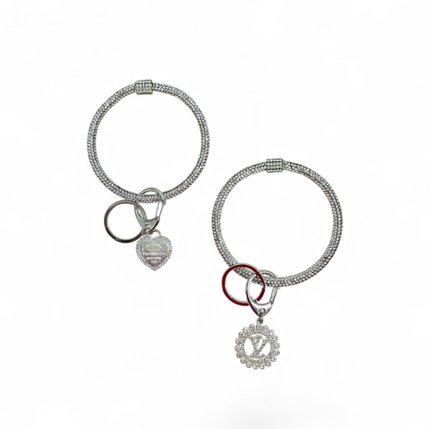 Silver Rhinestone Bangle Wristlet Keychain with Charm