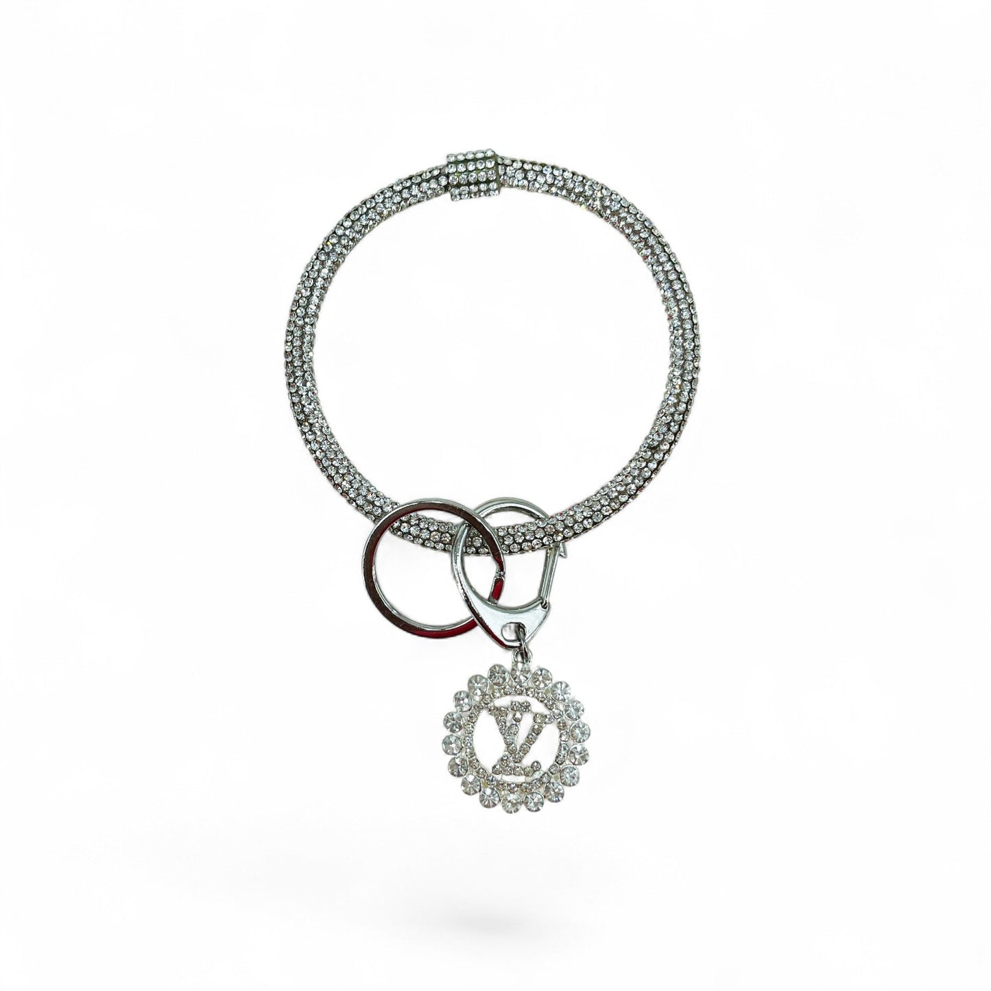 Silver Rhinestone Bangle Wristlet Keychain with Charm