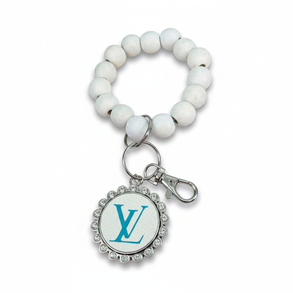 White Beaded Wristlet Keychain with Rhinestone Medallion
