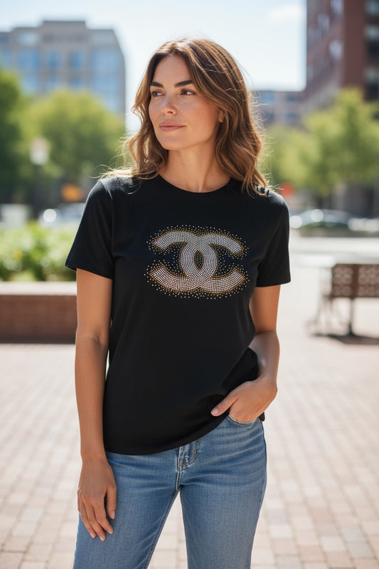 Black Tee with Rhinestone CC Emblem