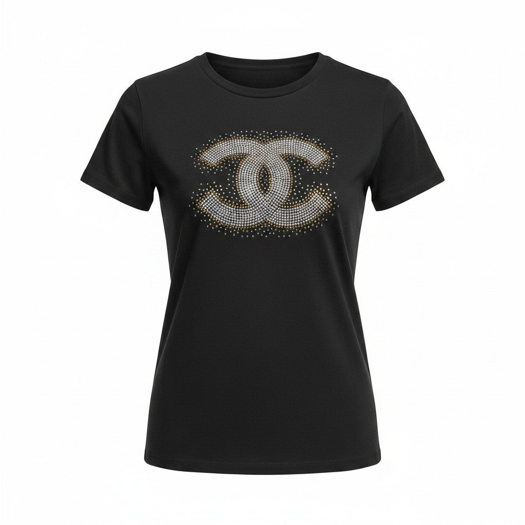 Black Tee with Rhinestone CC Emblem