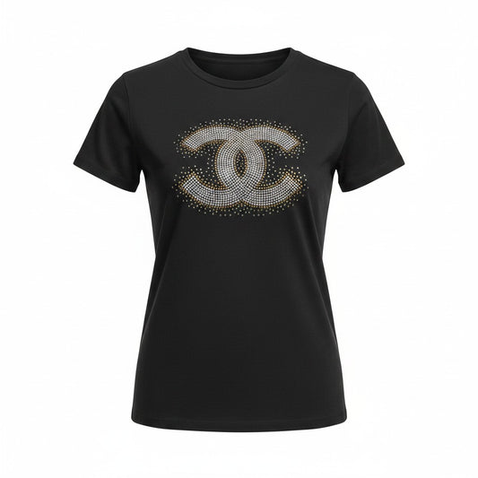 Black Tee with Rhinestone CC Emblem
