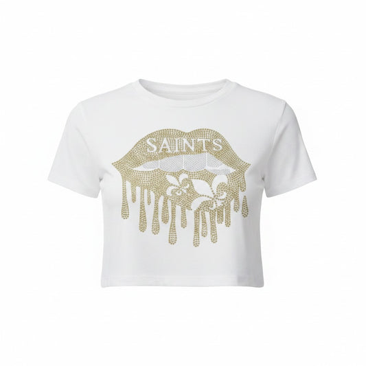 White Saints Rhinestone Drip Lip Crop Tee