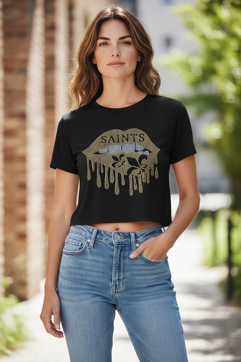 Black Saints Rhinestone Drip Lip Crop Tee