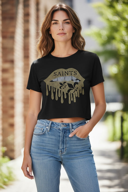 Black Saints Rhinestone Drip Lip Crop Tee