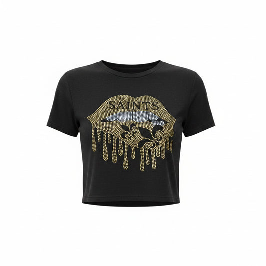 Black Saints Rhinestone Drip Lip Crop Tee