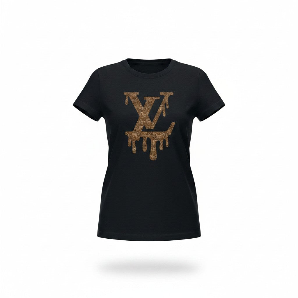 Black Tee with Brown Rhinestone Drip Monogram