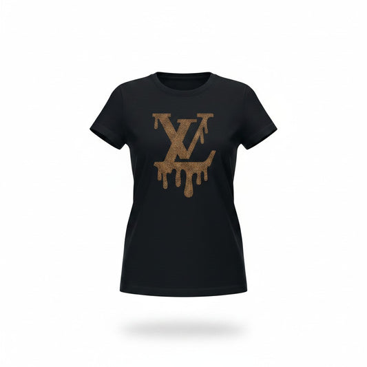 Black Tee with Brown Rhinestone Drip Monogram