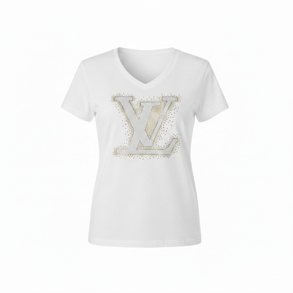 White Rhinestone Monogram V-Neck Tee