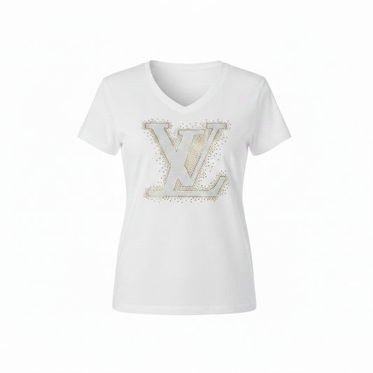 White Rhinestone Monogram V-Neck Tee
