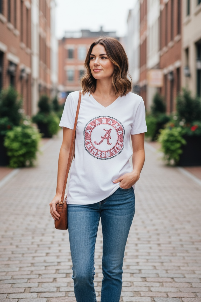 Alabama Crimson Rhinestone Seal V-Neck Tee