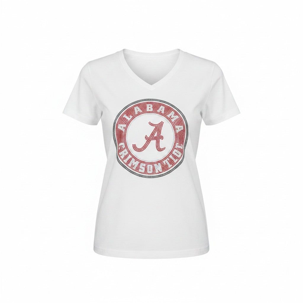 Alabama Crimson Rhinestone Seal V-Neck Tee