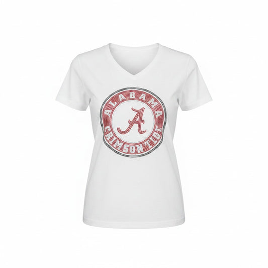 Alabama Crimson Rhinestone Seal V-Neck Tee
