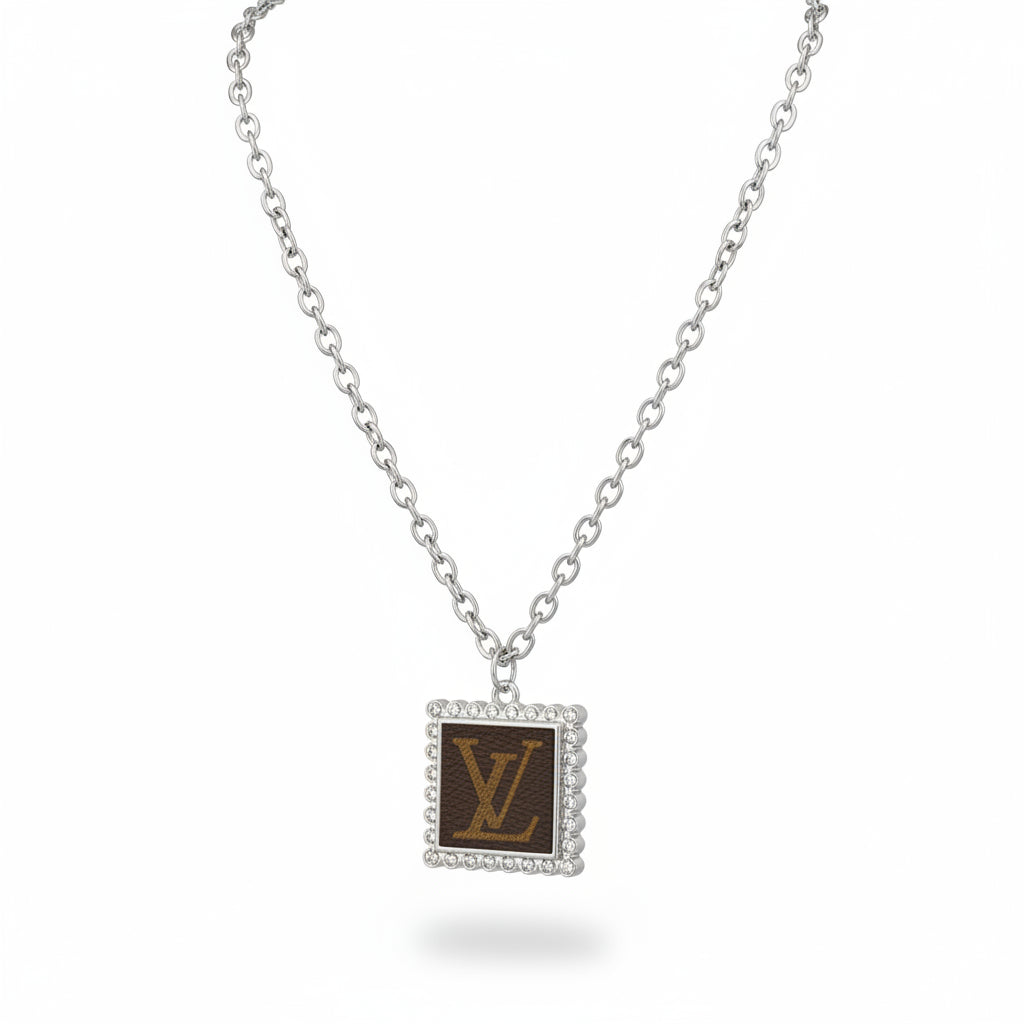 Silver Square Halo Monogram Pendant Necklace