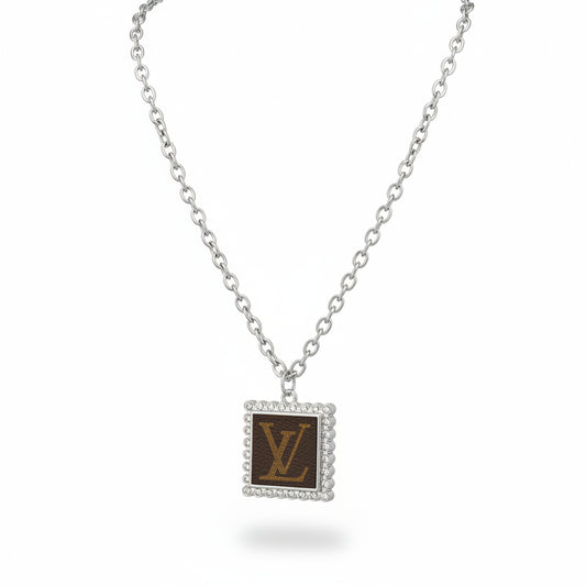 Silver Square Halo Monogram Pendant Necklace