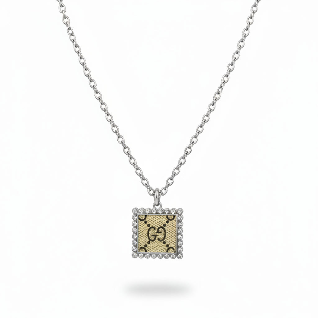 Silver Square Halo Pendant Necklace