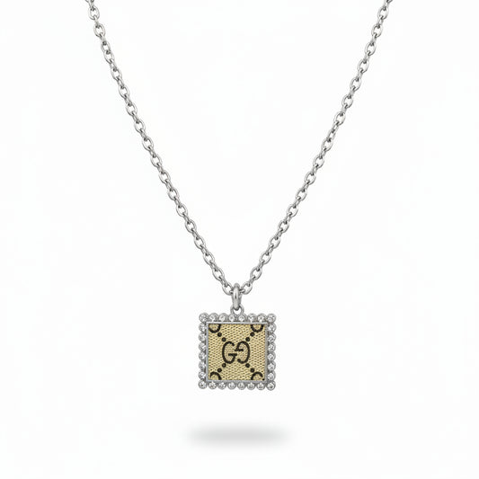 Silver Square Halo Pendant Necklace
