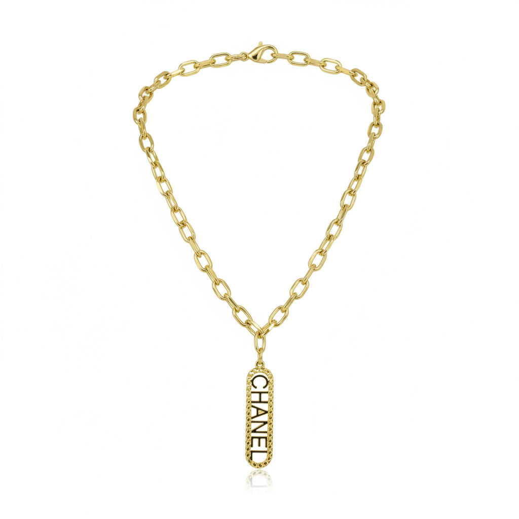 Rhinestone Logo Tag Link Necklace