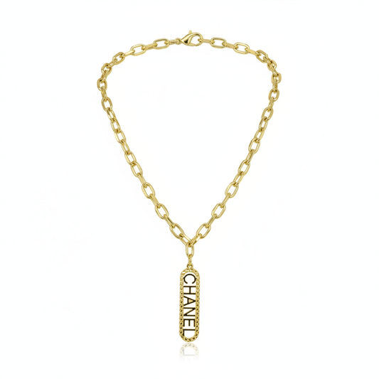 Rhinestone Logo Tag Link Necklace