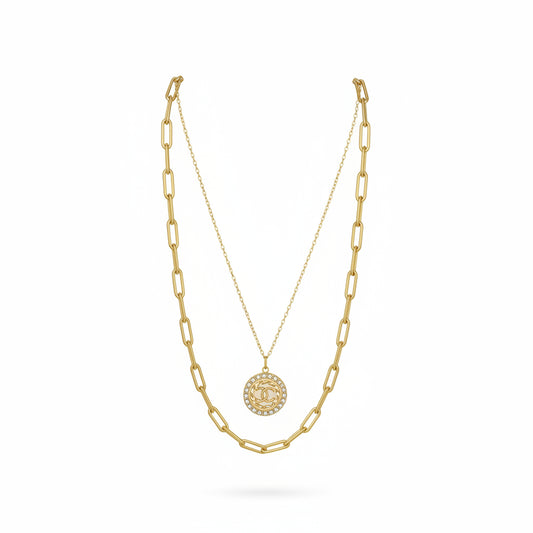 Layered Link & Pave Medallion Necklace
