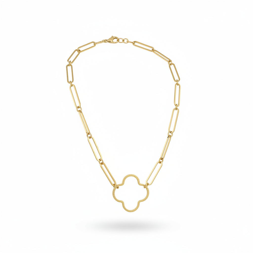 Paperclip Chain Necklace with Textured Clover Pendant
