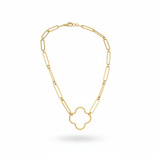 Paperclip Chain Necklace with Textured Clover Pendant