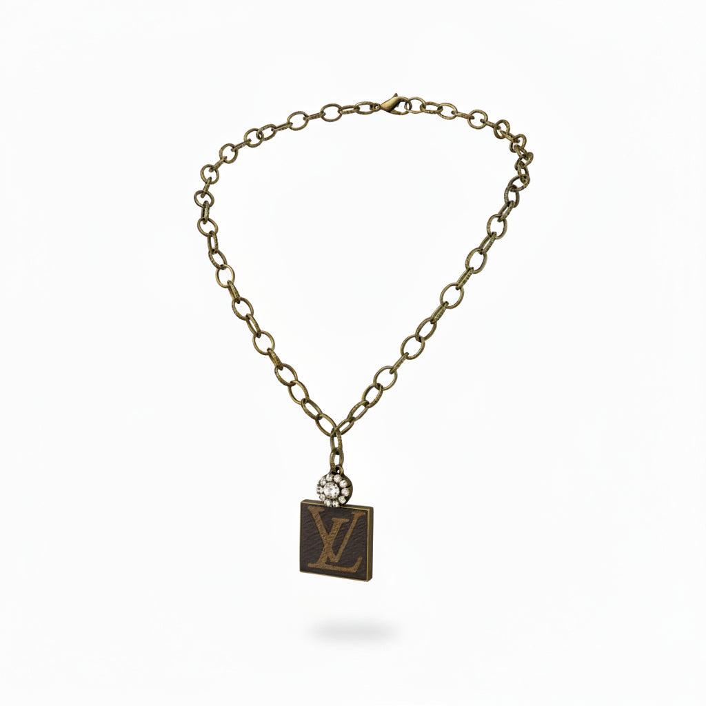 Antique Bronze Chain Necklace with Monogram Tag Charm