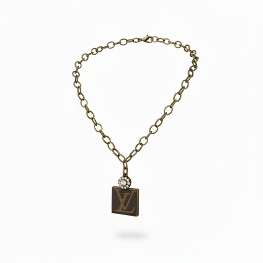 Antique Bronze Chain Necklace with Monogram Tag Charm